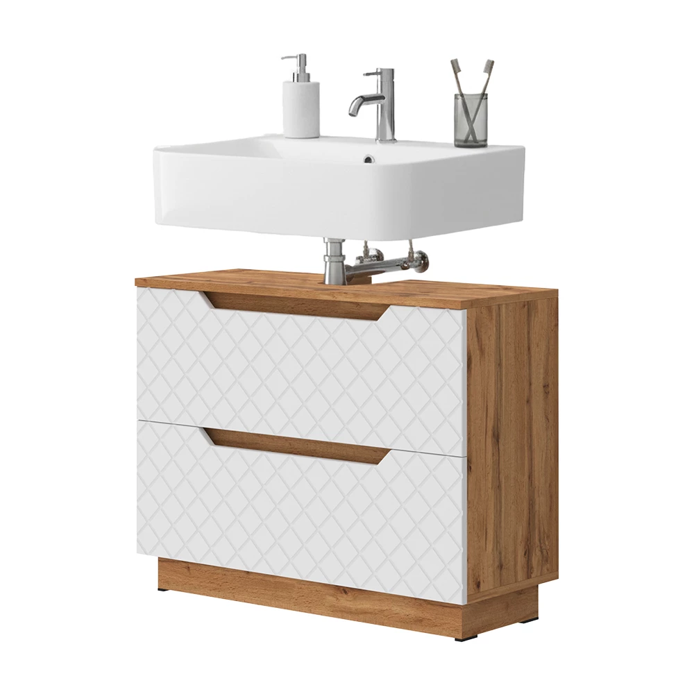 Waschbeckenunterschrank in Weiß auf weißem Hintergrund mit dekorativen Elementen