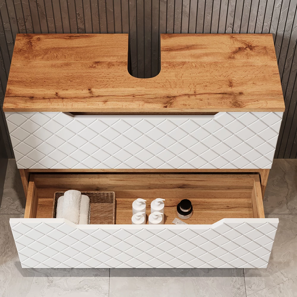 Nahaufnahme von Waschbeckenunterschrank in Weiß, zeigt Design- und Oberflächendetails