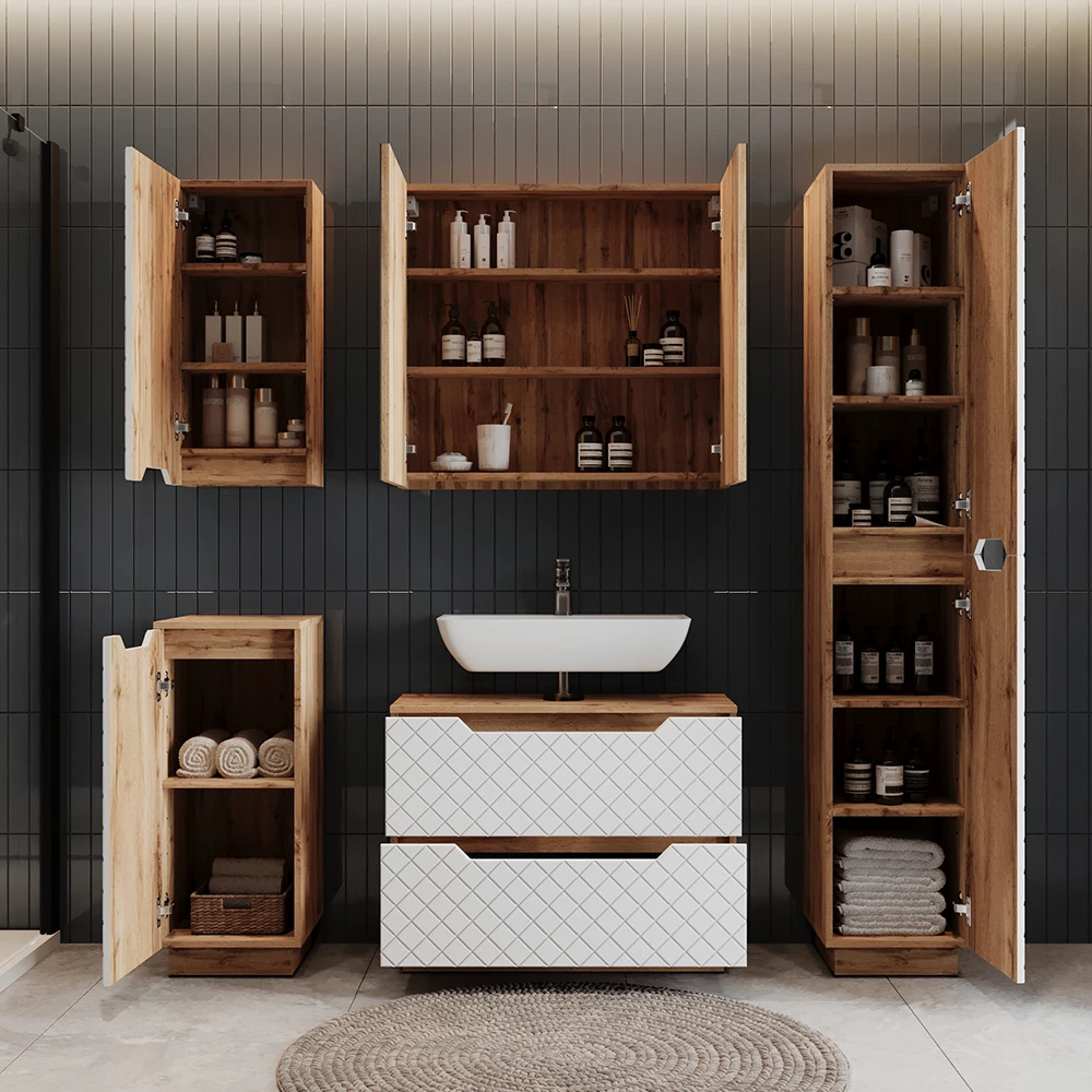 Waschbeckenunterschrank Lotta Eiche/Weiß mit Kachelstruktur 79.6 x 62.5 cm mit 2 Schubladen Vicco