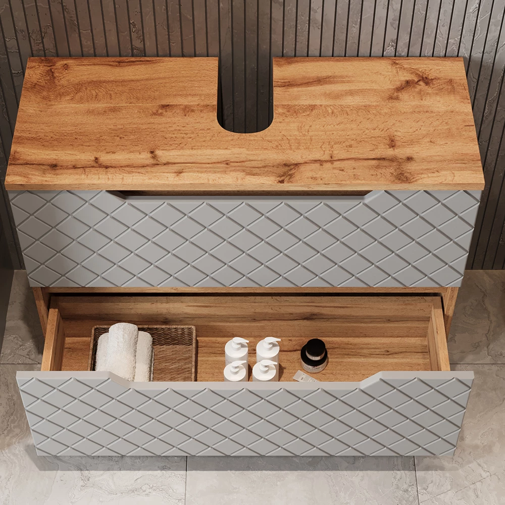 Close-up of Mobile sottolavabo per bagno in Grigio, showing design and surface details