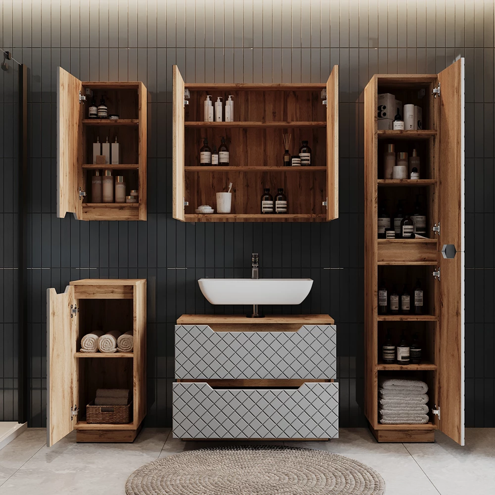 Mobile sottolavabo per bagno Lotta Rovere/grigio con struttura in piastrelle 79.6 x 62.5 cm con 2 cassetti Vicco