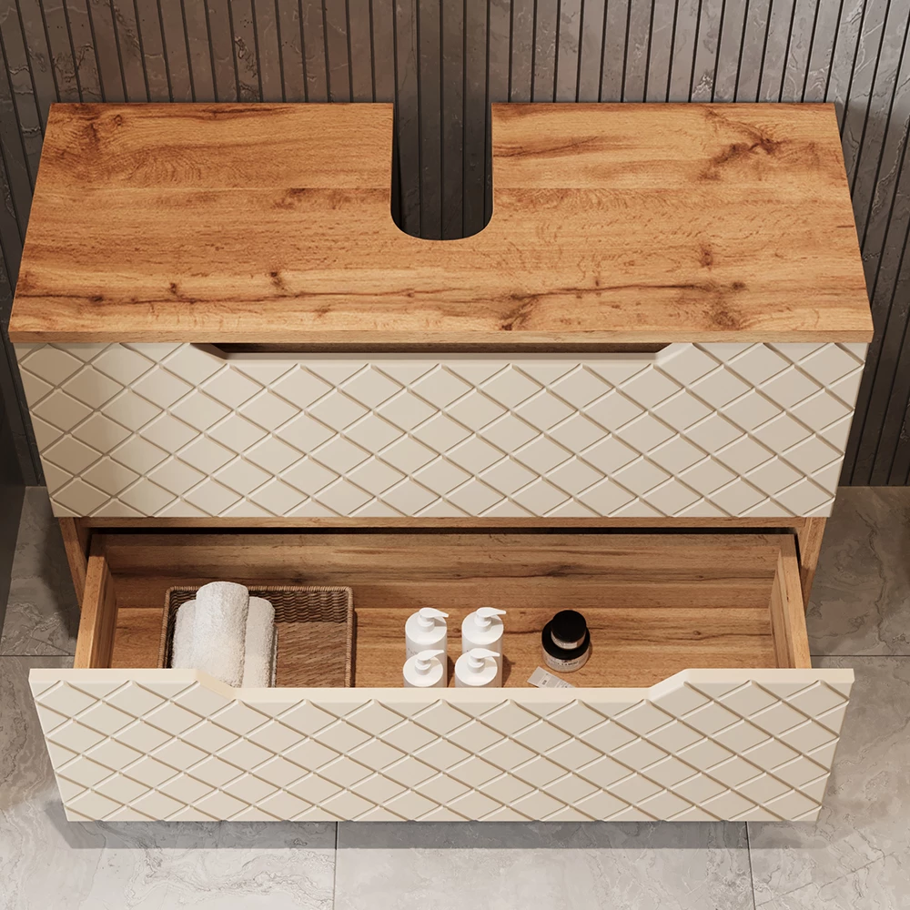 Gros plan de Meuble sous vasque simple en Cachemire, montrant le design et les détails de surface