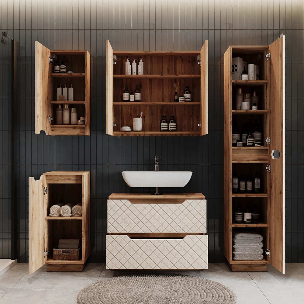 Meuble sous vasque simple Lotta Chêne/cachemire avec structure en carreaux 79.6x62.5cm avec 2 tiroirs Vicco