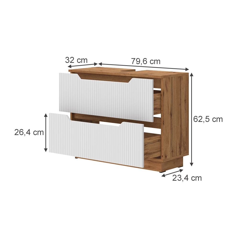 Wastafelonderkast in Wit on white background with visible dimensions