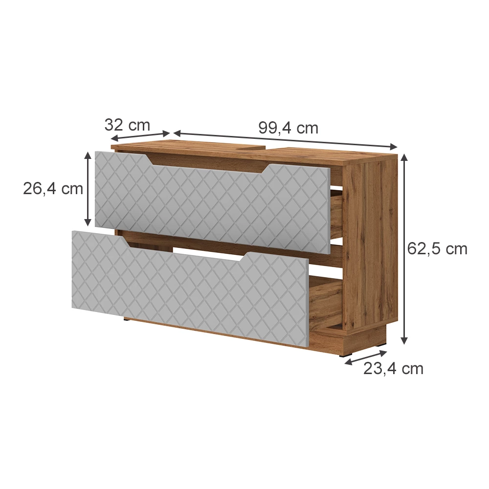 Waschbeckenunterschrank in Grau auf weißem Hintergrund mit sichtbaren Maßen