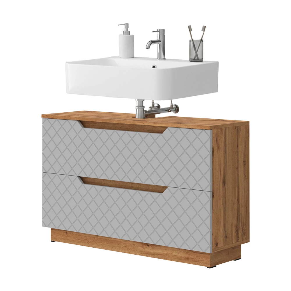 Waschbeckenunterschrank in Grau auf weißem Hintergrund mit dekorativen Elementen