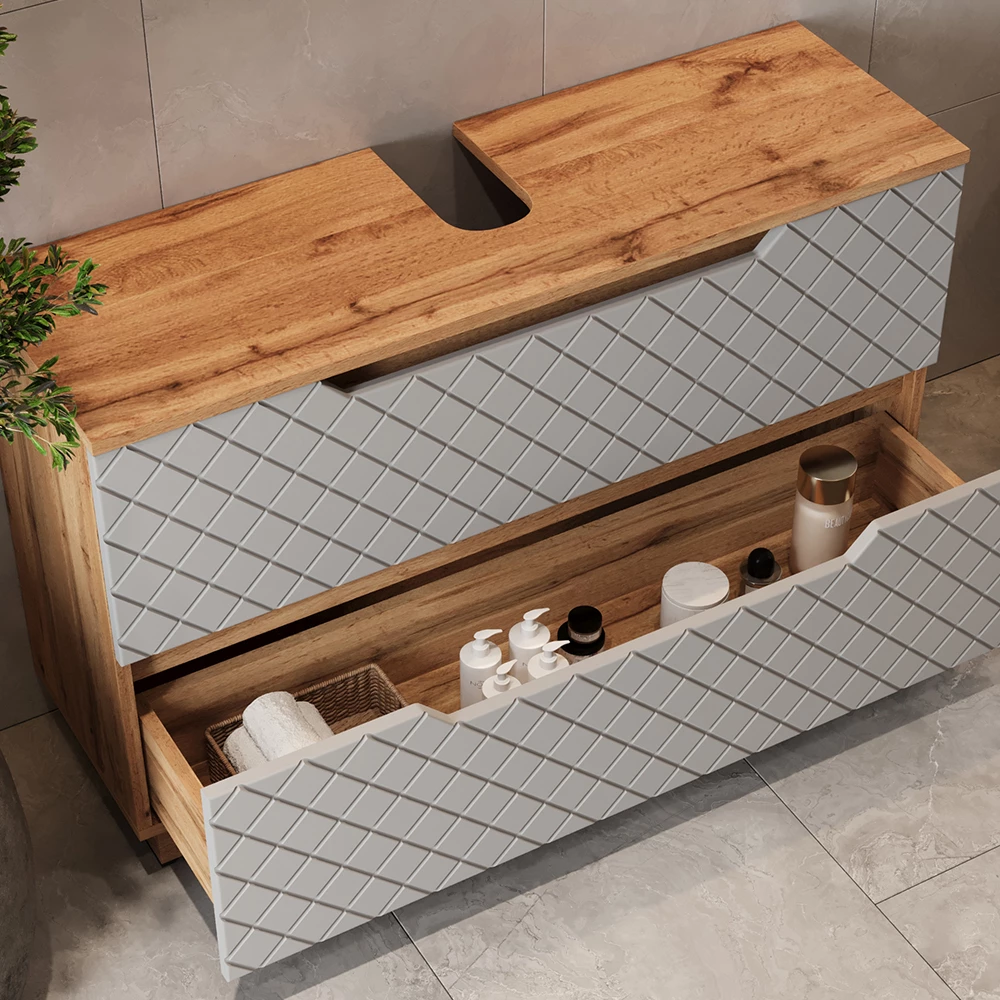 Nahaufnahme von Waschbeckenunterschrank in Grau, zeigt Design- und Oberflächendetails