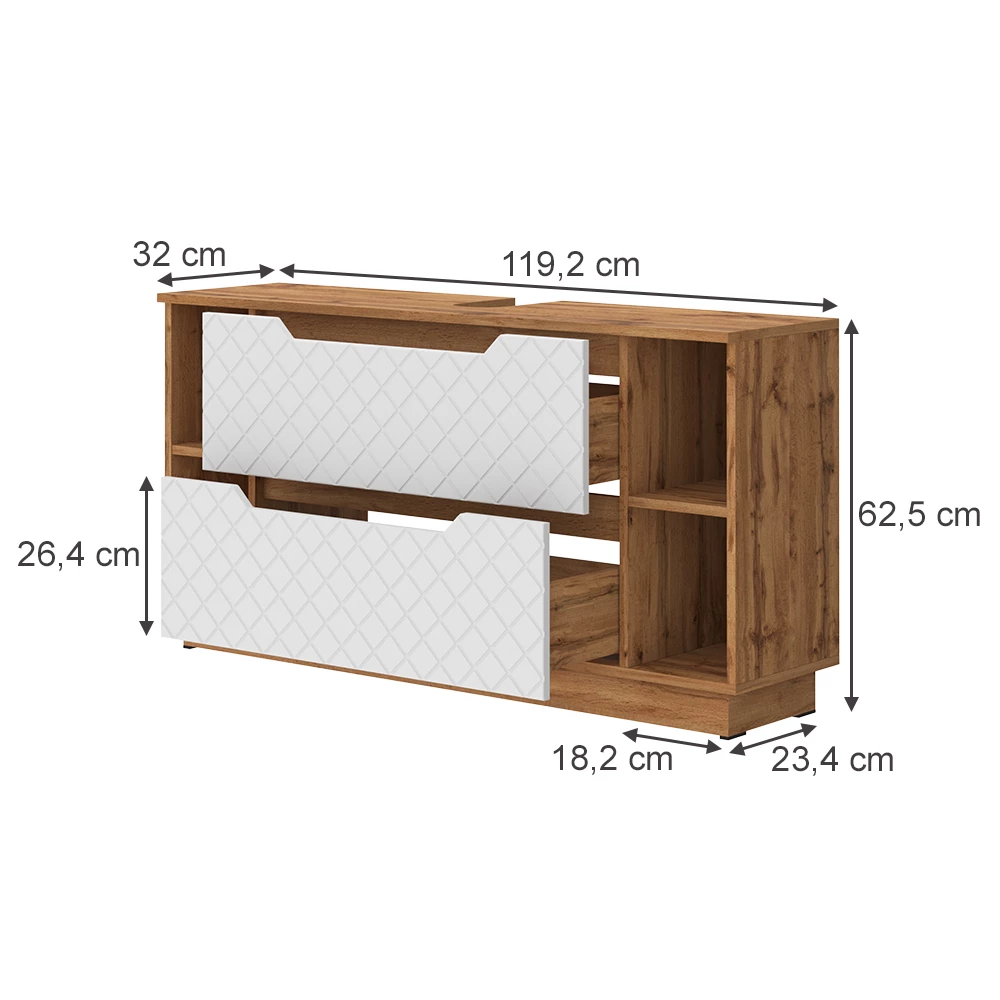 Meuble sous vasque simple en Blanc sur fond blanc avec dimensions visibles