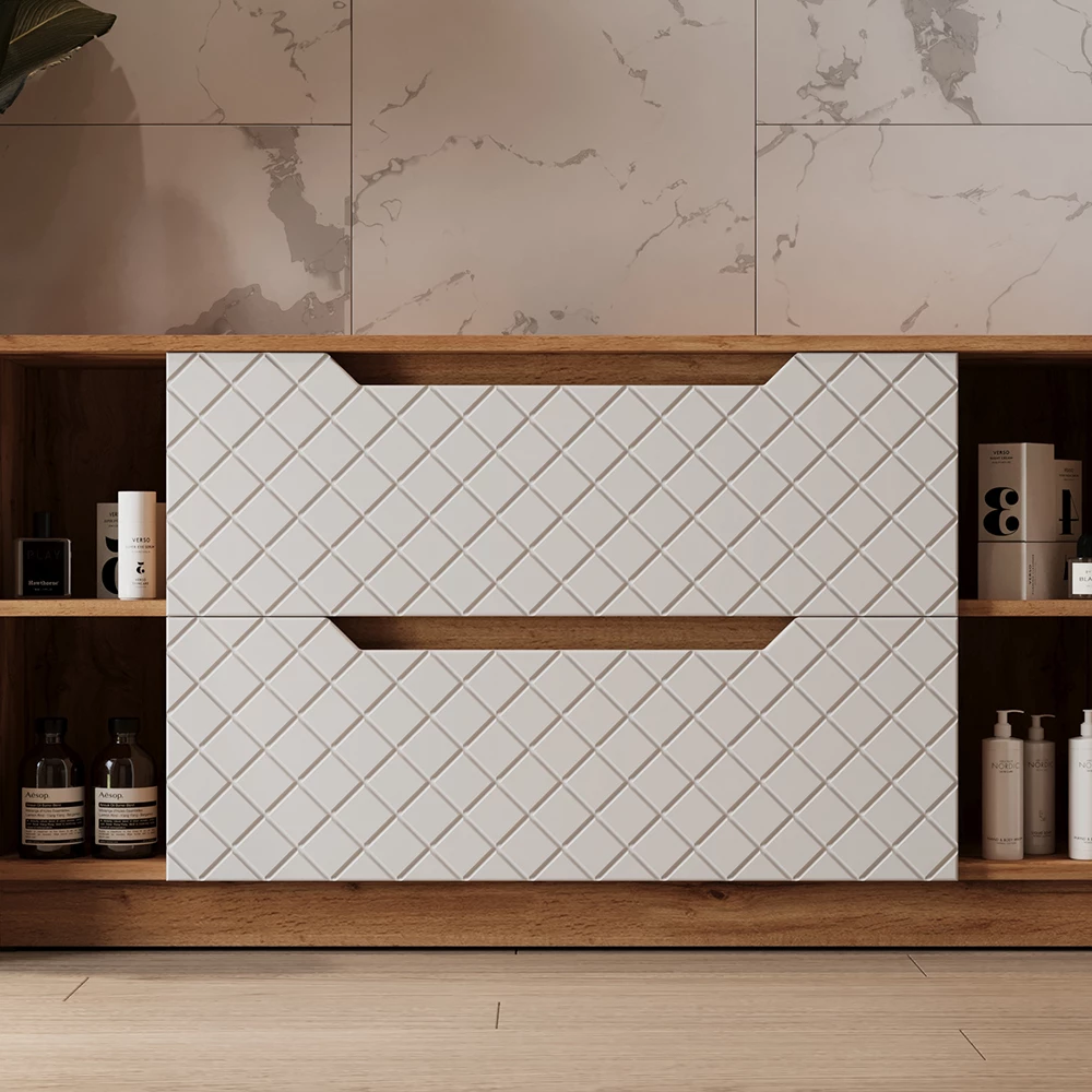 Meuble sous vasque simple en Blanc, présenté dans un décor ambiant avec décoration