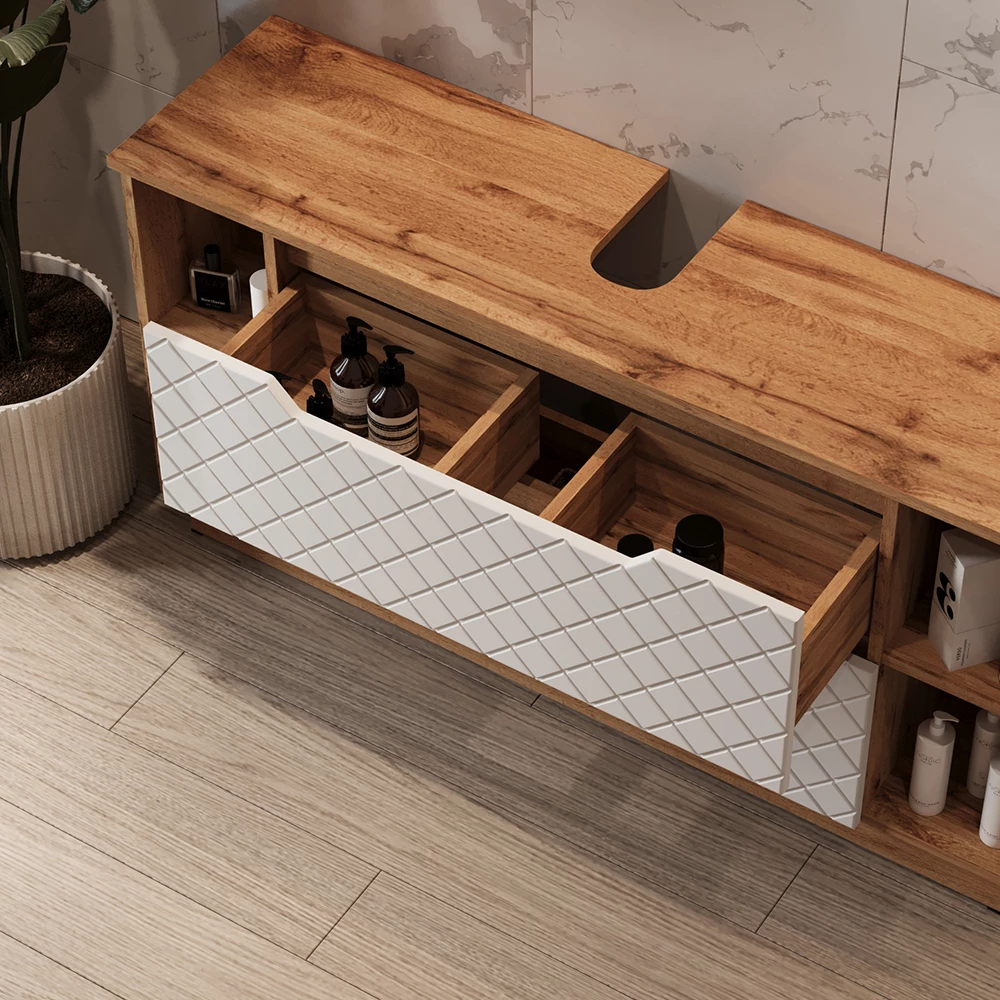 Gros plan de Meuble sous vasque simple en Blanc, montrant la texture/les détails