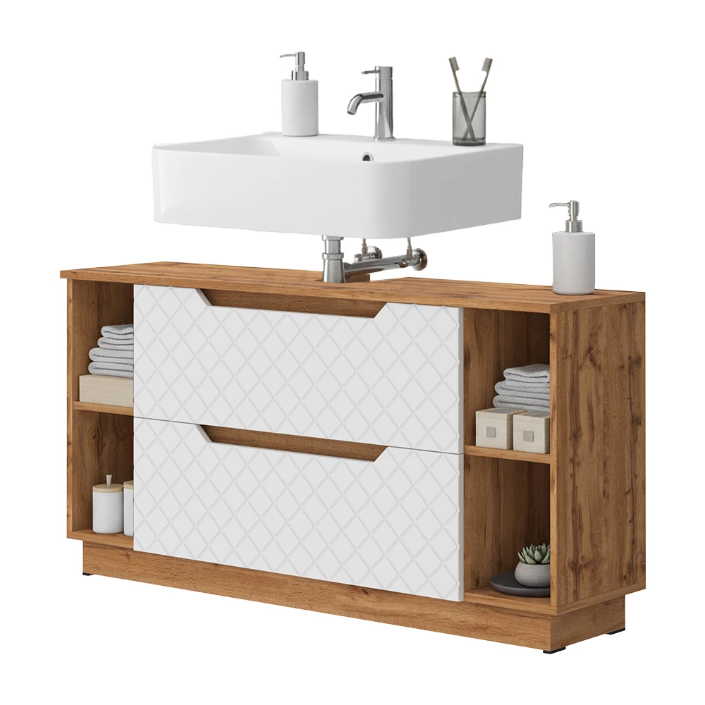 Meuble sous vasque simple en Blanc sur fond blanc avec des éléments décoratifs