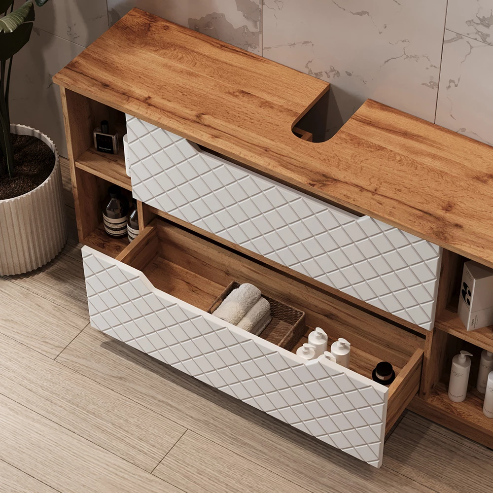 Gros plan de Meuble sous vasque simple en Blanc, montrant le design et les détails de surface