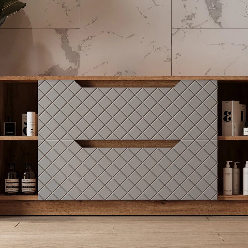 Waschbeckenunterschrank in Grau, dargestellt im Ambiente mit Dekoration