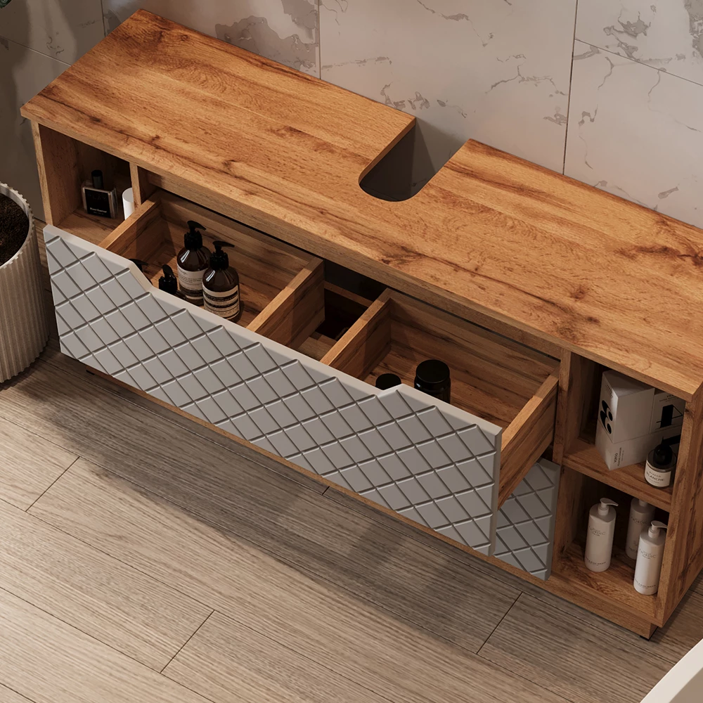 Nahaufnahme von Waschbeckenunterschrank in Grau, zeigt Textur/Details