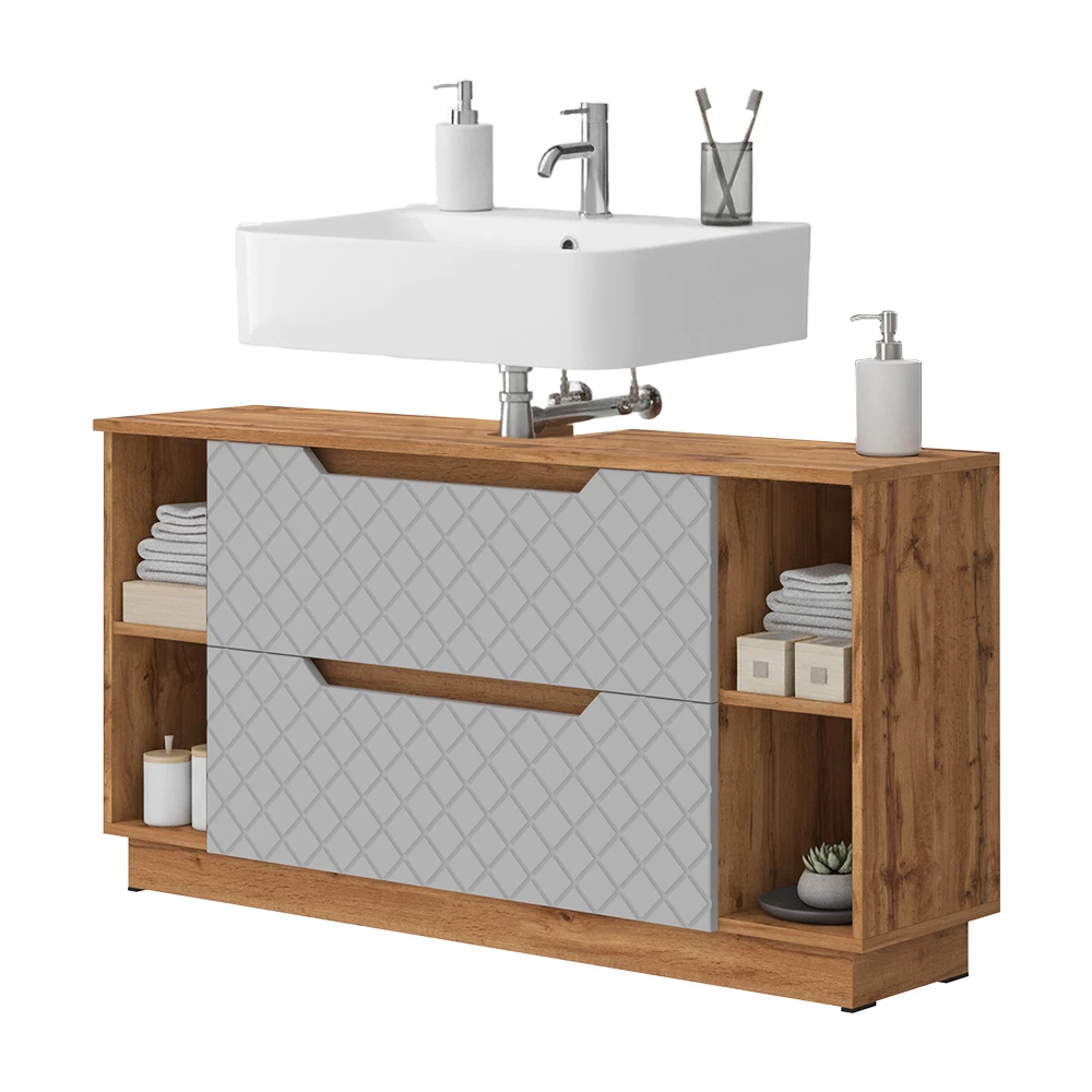 Waschbeckenunterschrank in Grau auf weißem Hintergrund mit dekorativen Elementen