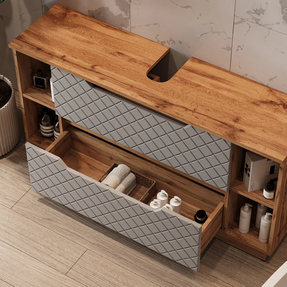 Nahaufnahme von Waschbeckenunterschrank in Grau, zeigt Design- und Oberflächendetails