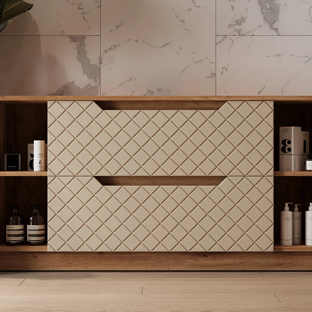 Wastafelonderkast in Kasjmier shown in ambient setting with decoration