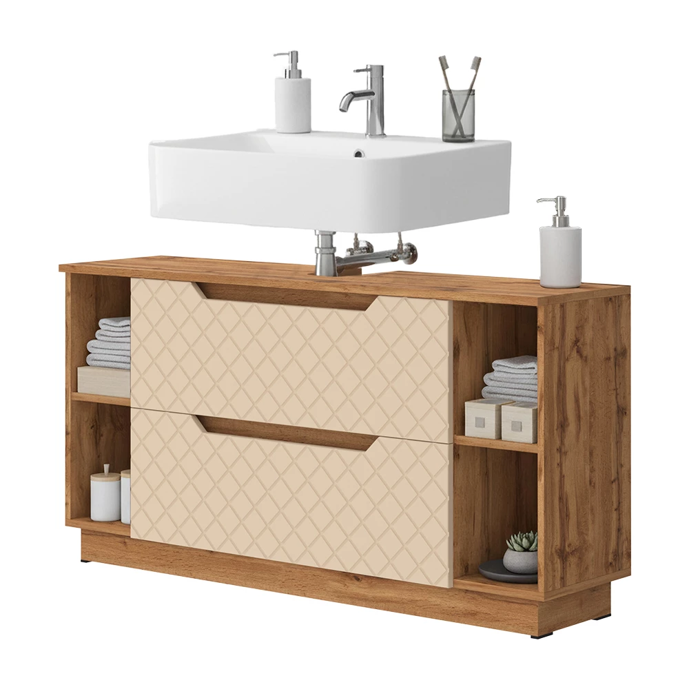 Wastafelonderkast in Kasjmier on white background with decorative elements