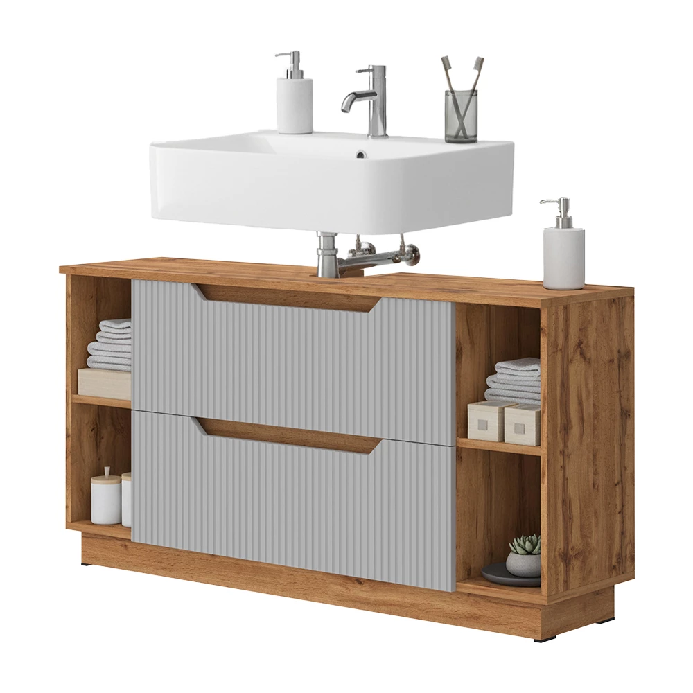 Wastafelonderkast in Grijs on white background with decorative elements