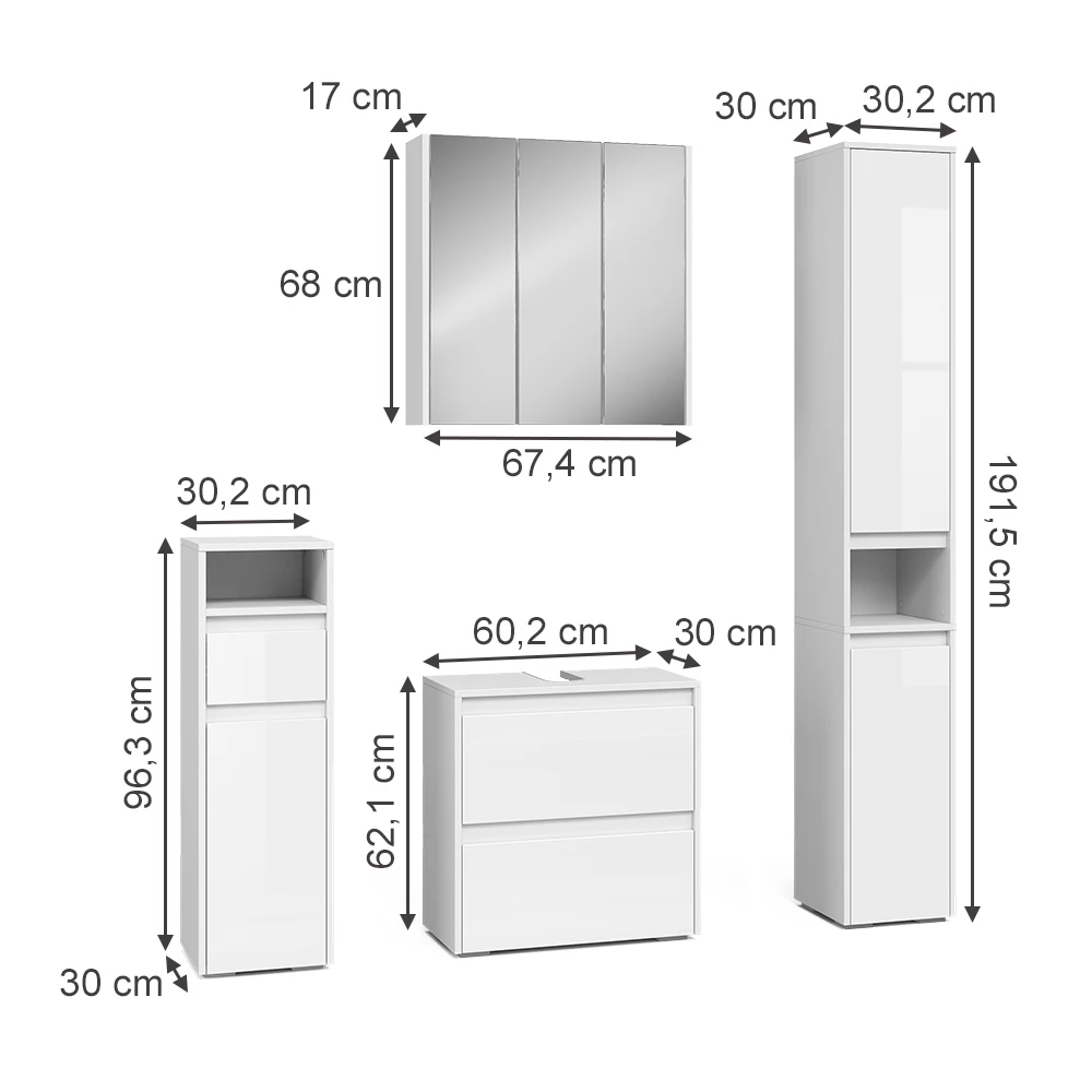 Set di mobili da bagno in Bianco on white background with visible dimensions
