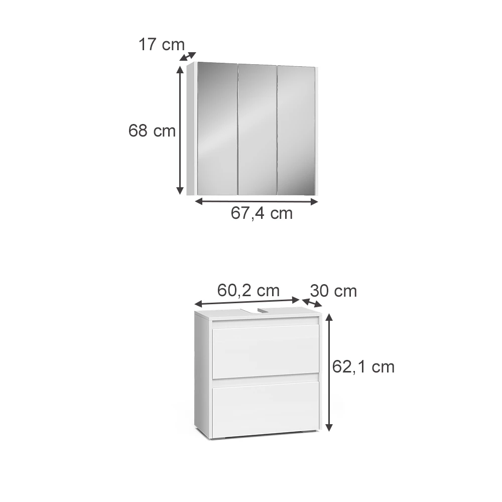 Conjunto de móveis de casa de banho in Branco on white background with visible dimensions