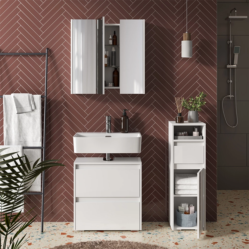 Gros plan de Meubles bain en Blanc, montrant le design et les détails de surface