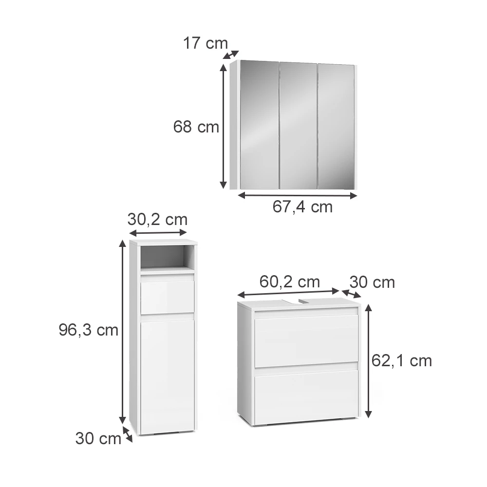Meubles bain en Blanc sur fond blanc avec dimensions visibles
