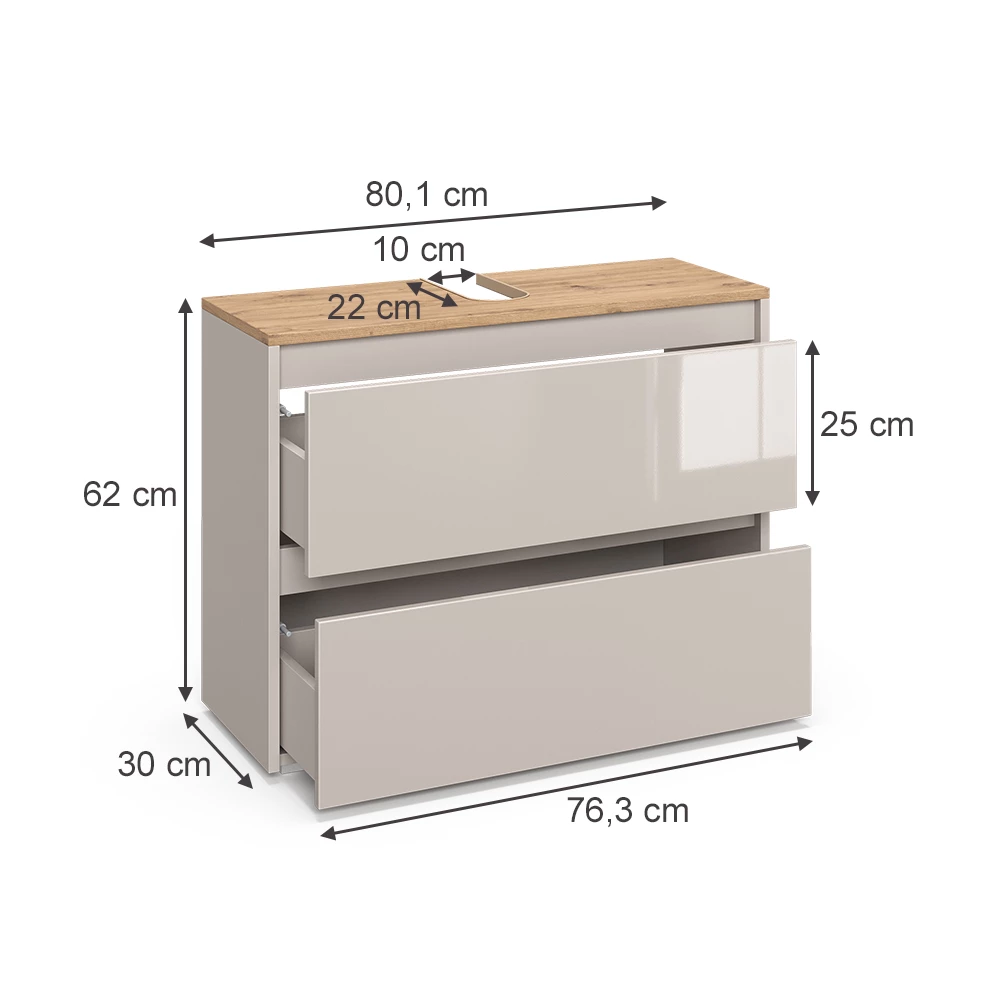 Mobile sottolavabo per bagno in Cachemire on white background with visible dimensions
