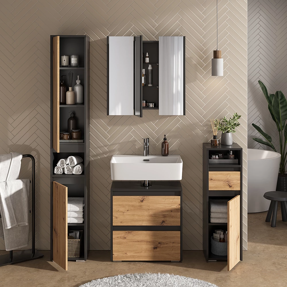 Close-up of mobiletto bagno in Artigiano, showing design and surface details