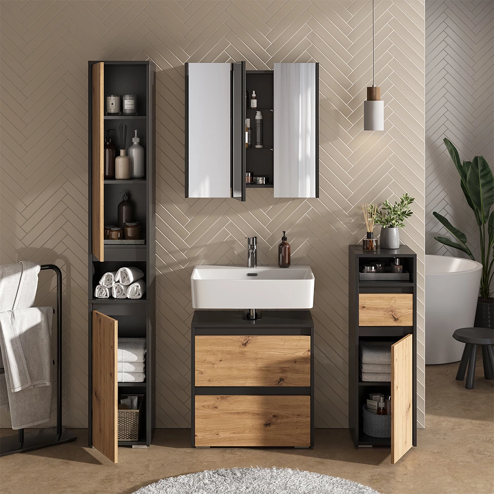 Close-up of Specchio contenitore bagno in Antracite, showing design and surface details
