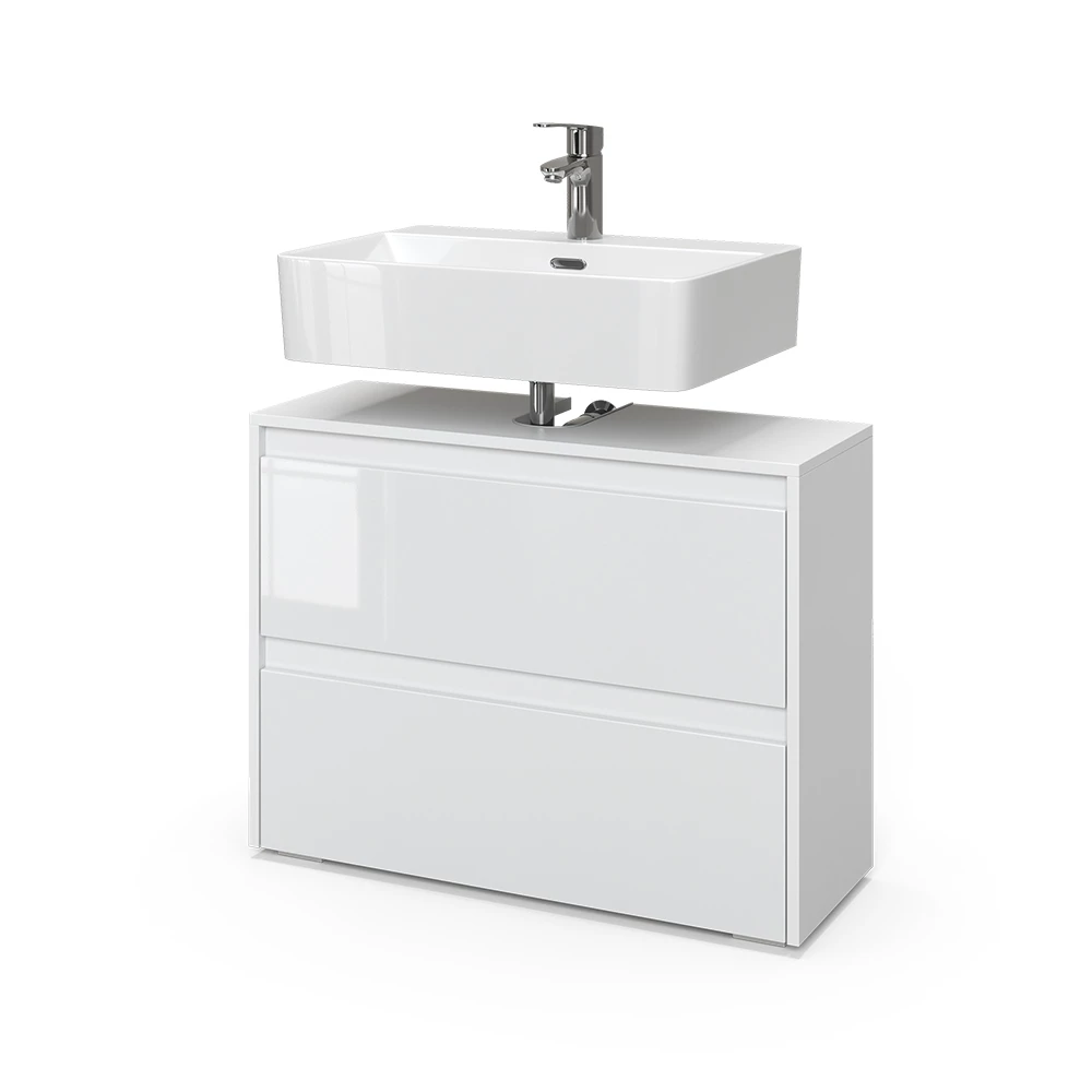 Wastafelonderkast in Wit Hoogglans on white background with decorative elements