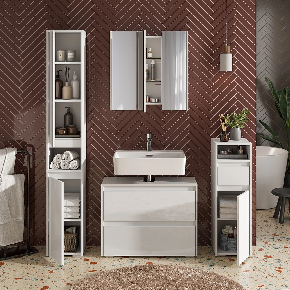 Close-up of Mobile sottolavabo per bagno in Bianco lucido, showing design and surface details