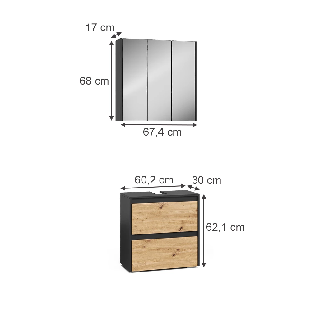 Set di mobili da bagno in Artigiano on white background with visible dimensions