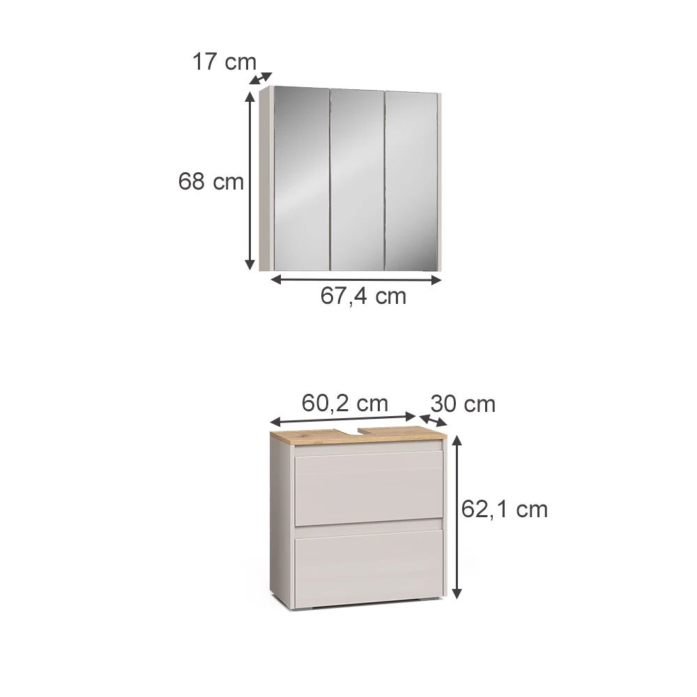 Badkamermeubelset in Kasjmier on white background with visible dimensions