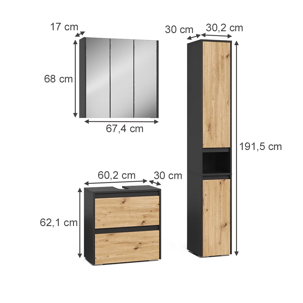 Set di mobili da bagno in Artigiano on white background with visible dimensions