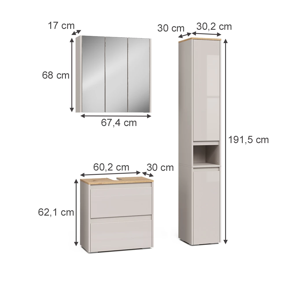 Set di mobili da bagno in Cachemire on white background with visible dimensions