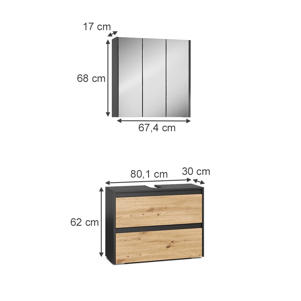 Set di mobili da bagno in Artigiano on white background with visible dimensions