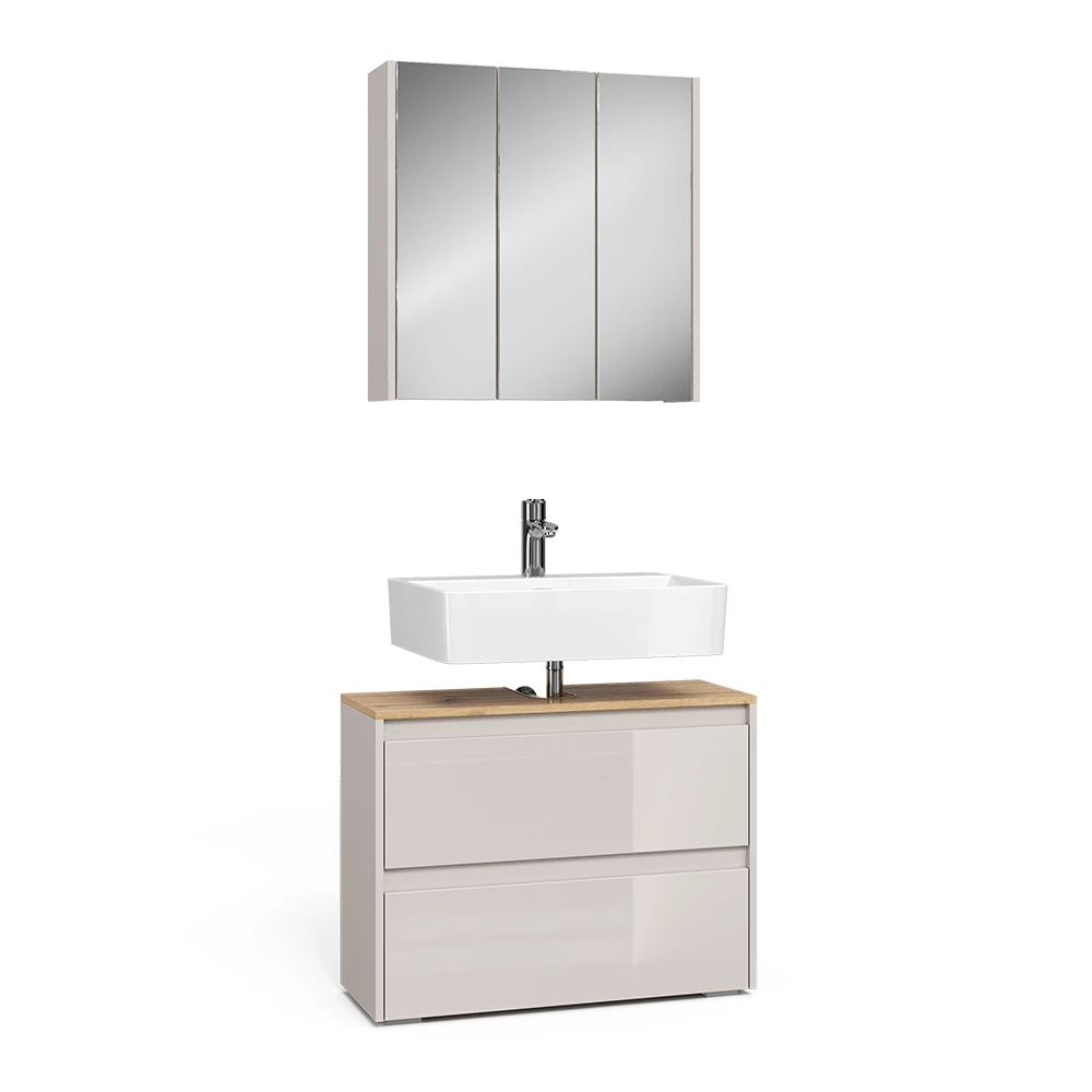 Badkamermeubelset in Kasjmier on white background with decorative elements