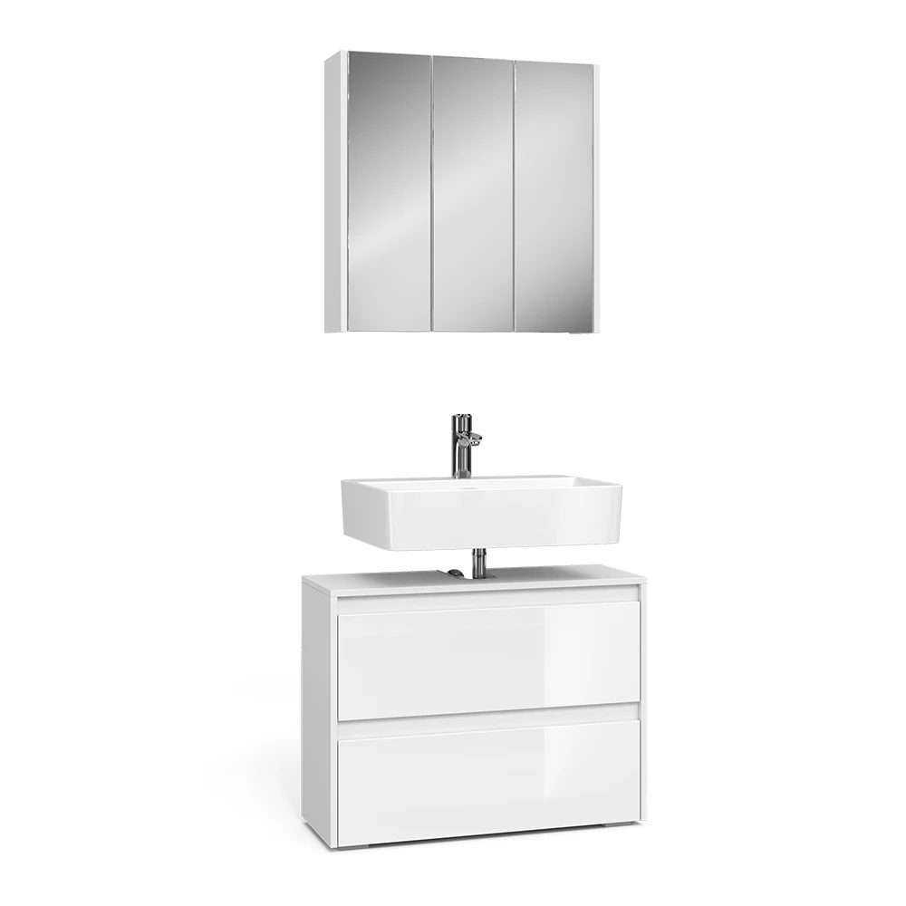 Badkamermeubelset in Wit Hoogglans on white background with decorative elements