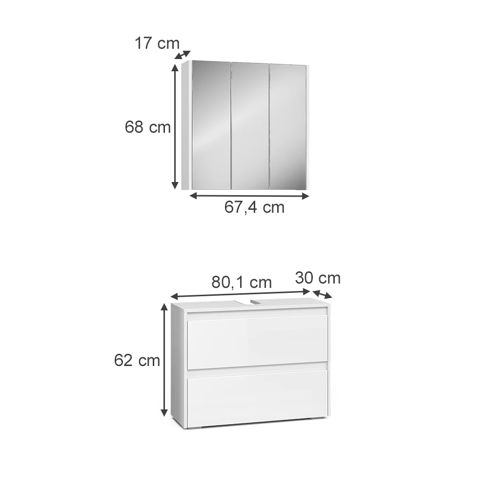 Badkamermeubelset in Wit Hoogglans on white background with visible dimensions