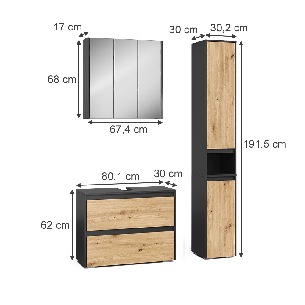 Set di mobili da bagno in Artigiano on white background with visible dimensions