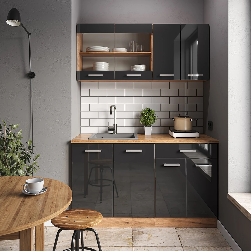 Küchenfront in Anthrazit Hochglanz auf weißem Hintergrund