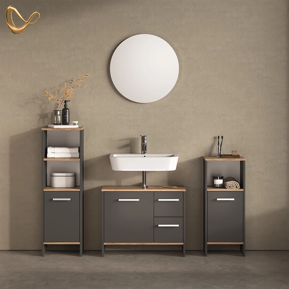 Waschbeckenunterschrank Amalfi Anthrazit/Goldkraft Eiche 70.2 x 57 cm mit 2 Schubladen und 1 Tür livinity®