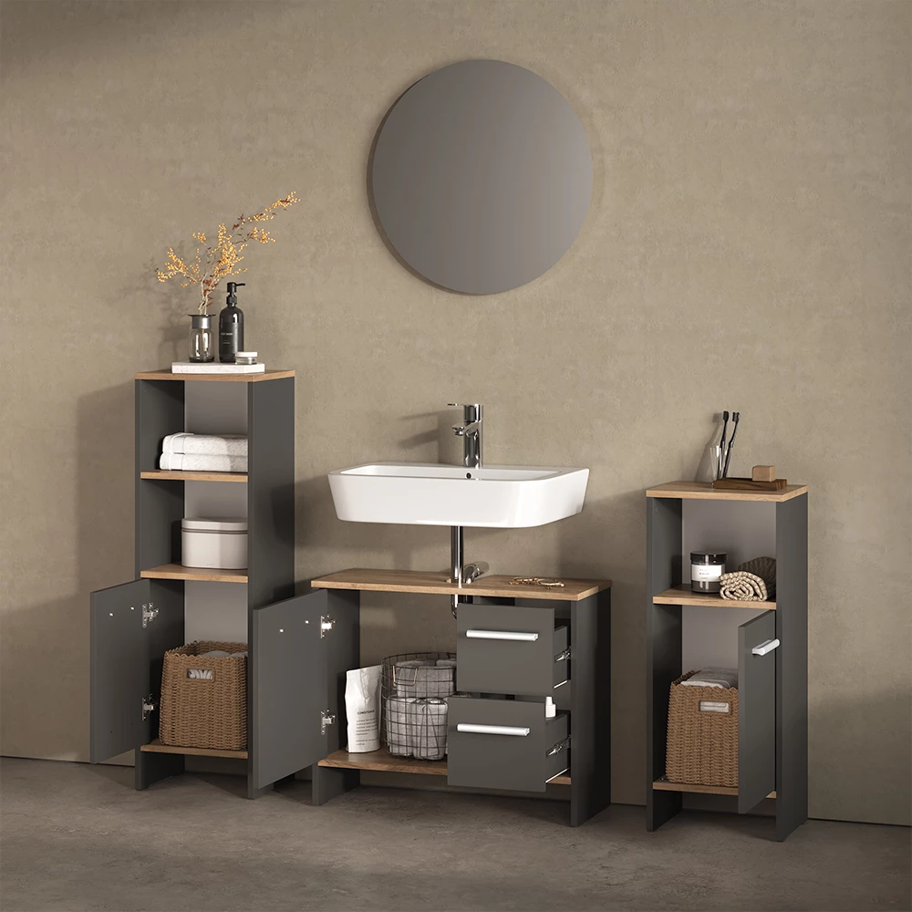 Waschbeckenunterschrank Amalfi Anthrazit/Goldkraft Eiche 70.2 x 57 cm mit 2 Schubladen und 1 Tür livinity®