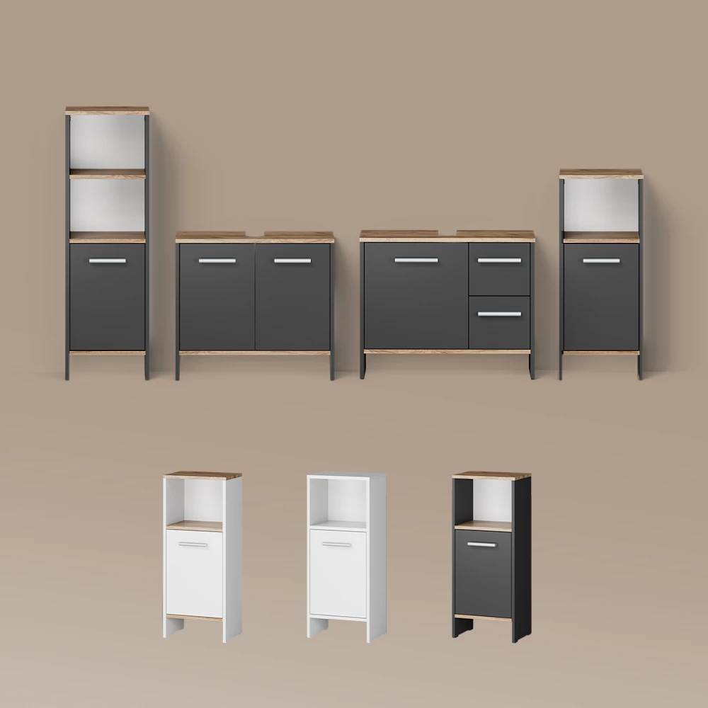 Waschbeckenunterschrank Amalfi Anthrazit/Goldkraft Eiche 70.2 x 57 cm mit 2 Schubladen und 1 Tür livinity®