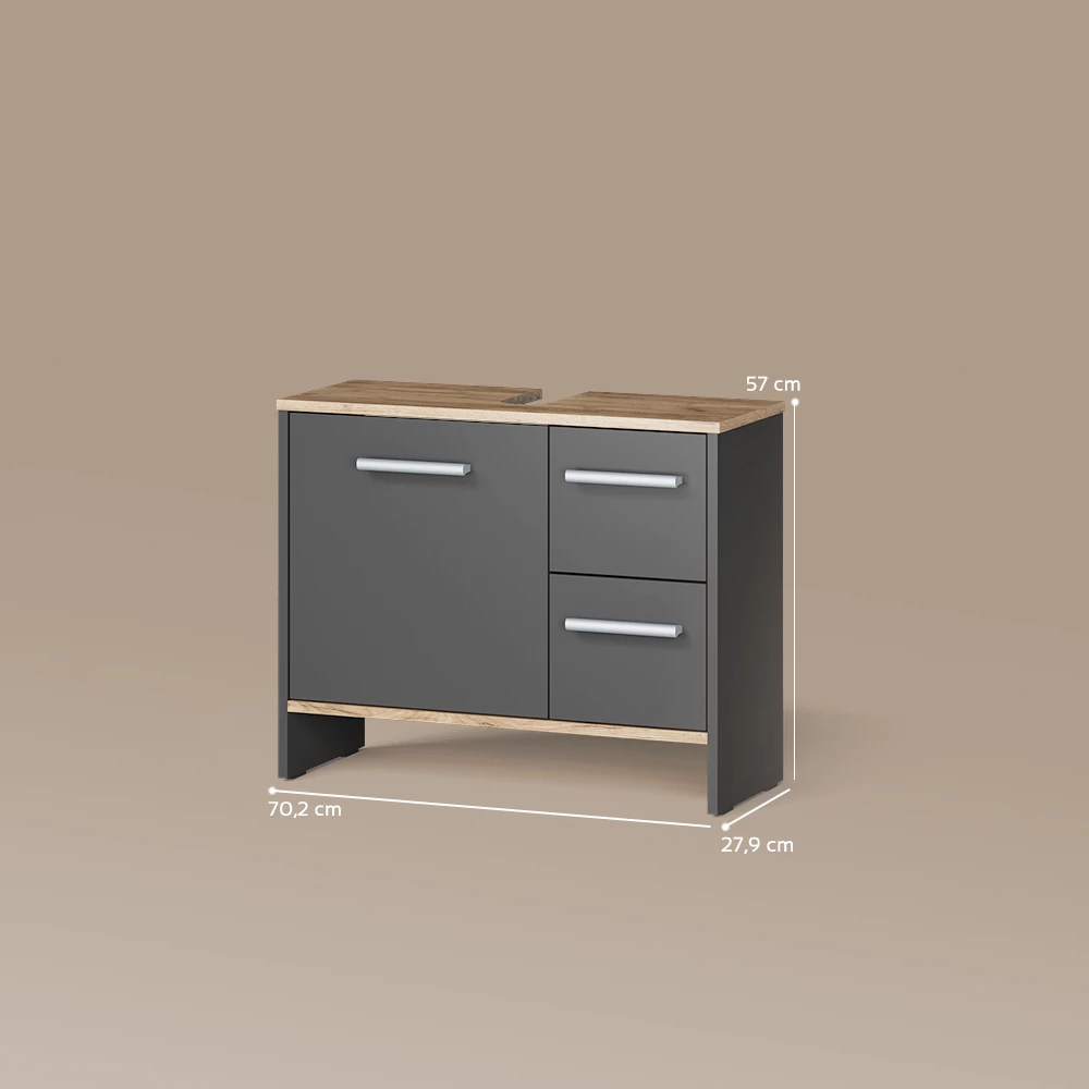 Waschbeckenunterschrank Amalfi Anthrazit/Goldkraft Eiche 70.2 x 57 cm mit 2 Schubladen und 1 Tür livinity®