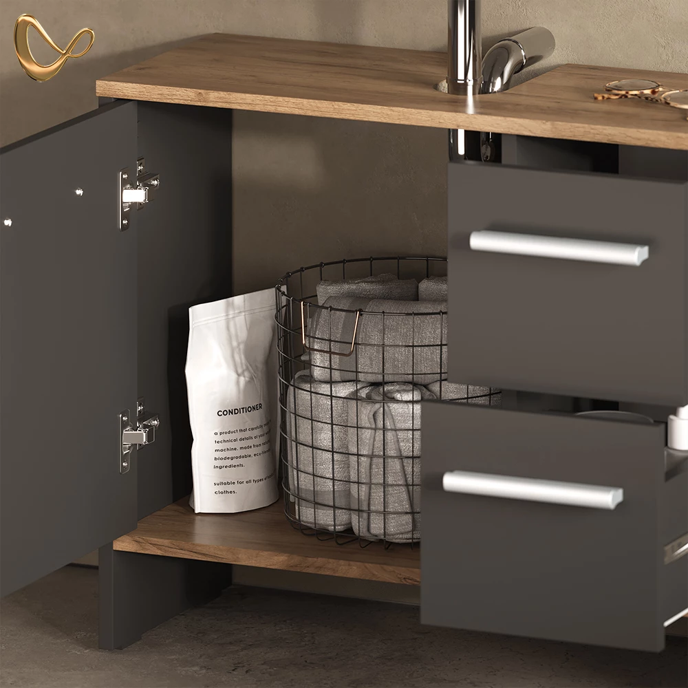 Waschbeckenunterschrank Amalfi Anthrazit/Goldkraft Eiche 70.2 x 57 cm mit 2 Schubladen und 1 Tür livinity®
