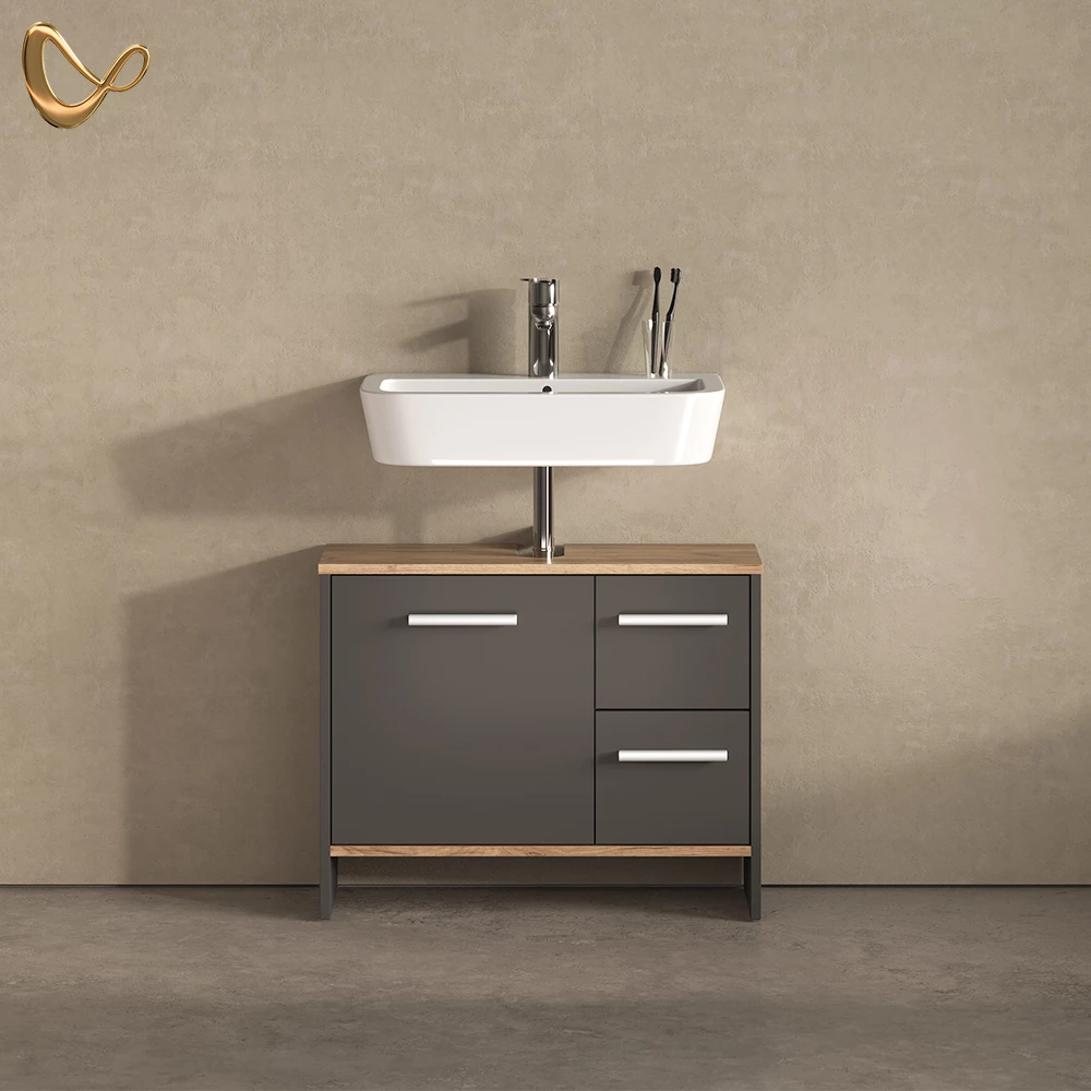 Waschbeckenunterschrank Amalfi Anthrazit/Goldkraft Eiche 70.2 x 57 cm mit 2 Schubladen und 1 Tür livinity®