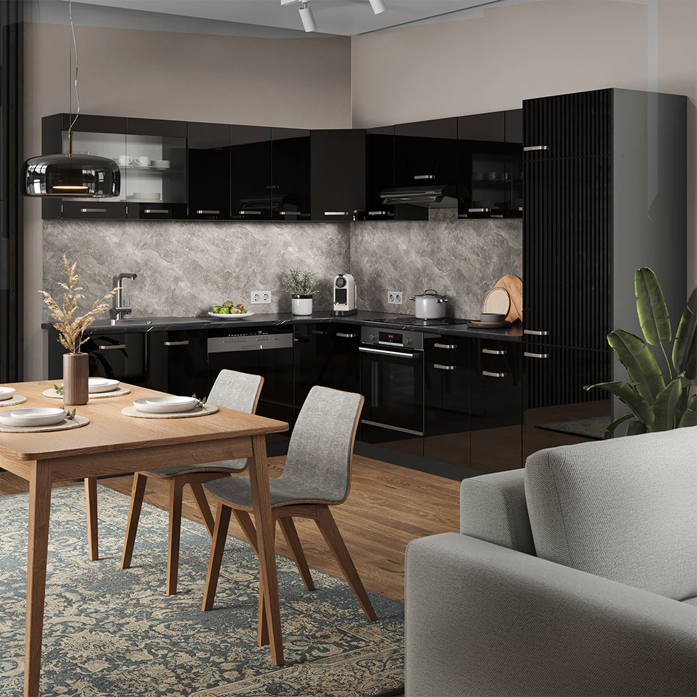 Keukenfront R-Line Zwart hoogglans 79.2 x 70.8 cm meubelfront voor de onderkast met lades Vicco