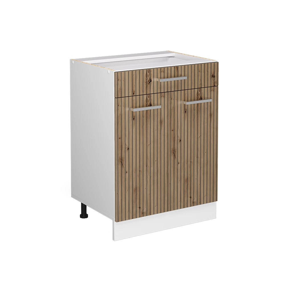 Façade de cuisine en Chêne Artisan sur fond blanc avec des éléments décoratifs